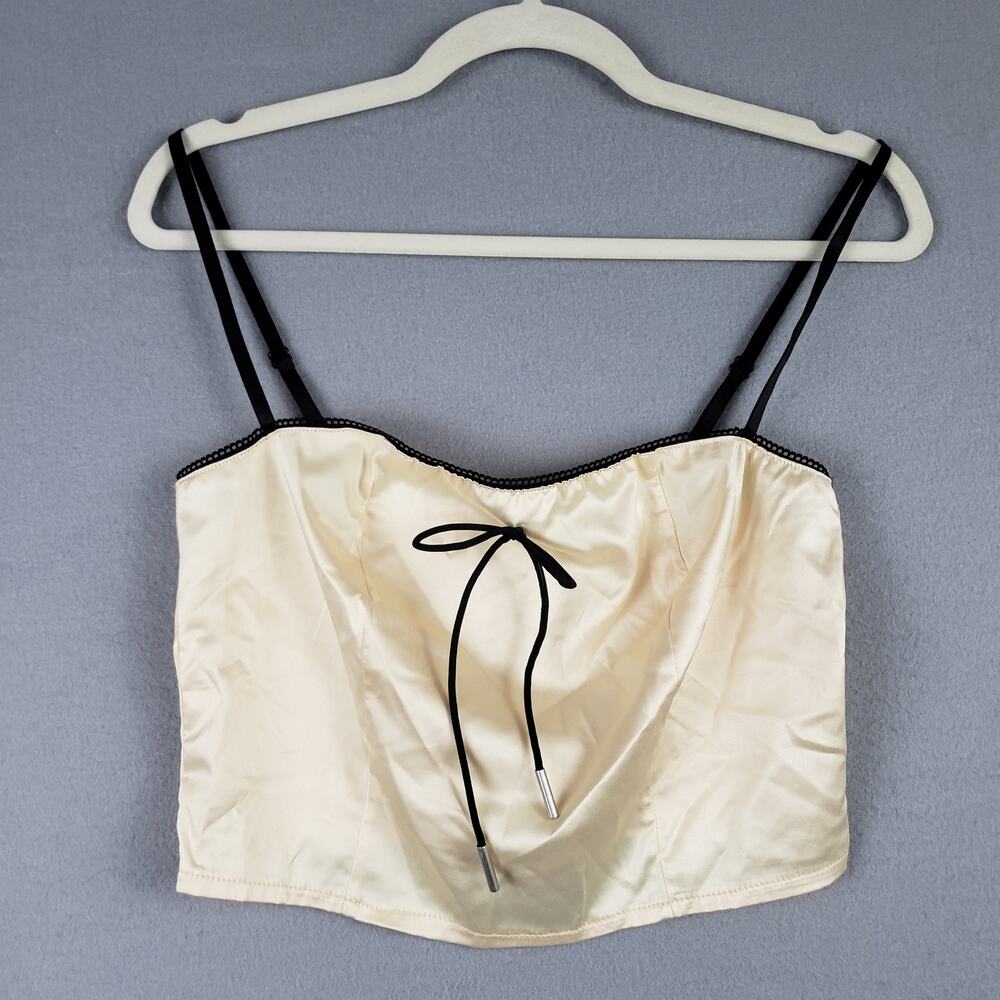 Bow Front Satin Crop Top Butter Yellow Black Trim Sweatheart Neckline Size M